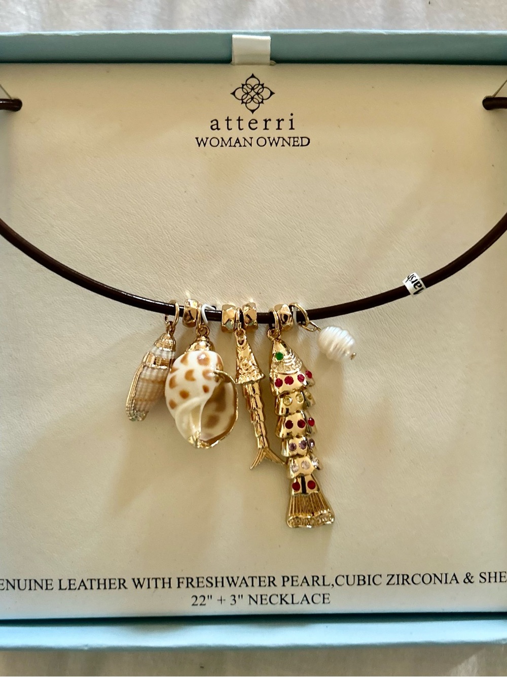 Atterri Coastal Chic Leather Necklace - Brown with Gold & Pearl Accents - Picture 9 of 13